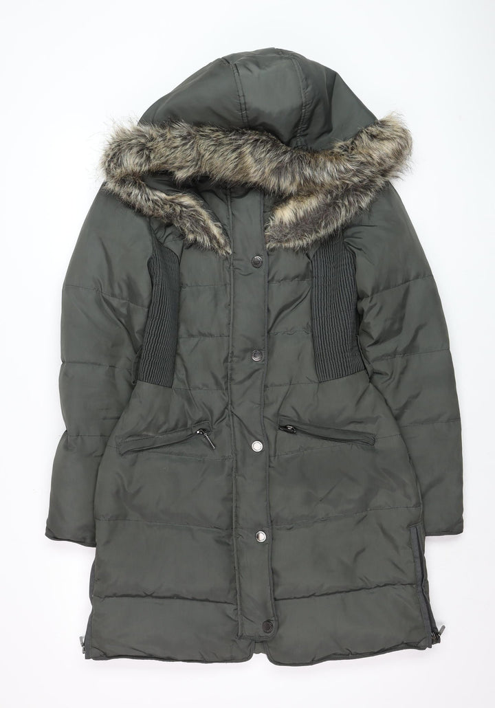 Jasper Conran Women's Green Faux Fur Trim Hooded Puffer Coat Size 8