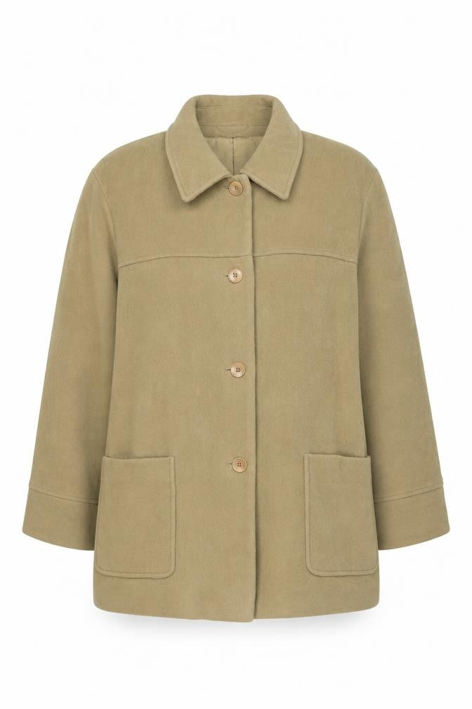 Front view of Classics First Avenue Women's Beige Wool Blend Mid-Length Coat, size 22