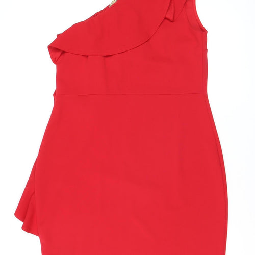 Lipsy Women Red One Shoulder Ruffle Bodycon Dress Size 14