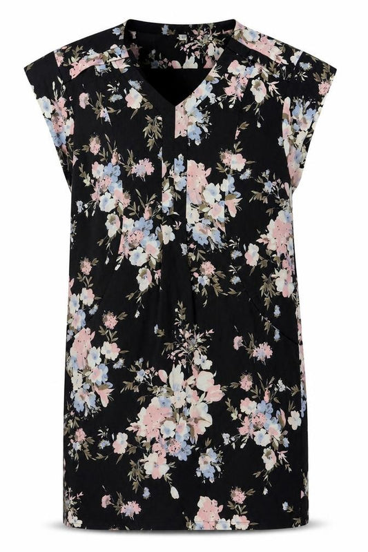 Front view of Uttam Boutique Women’s Black Floral Shift Dress, size UK 12, Short Sleeve
