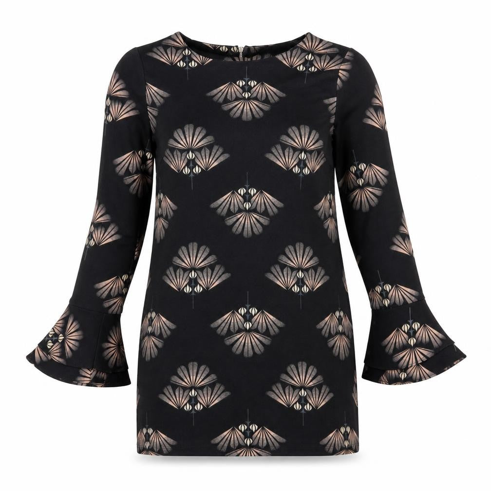 Front view of Next Women’s Black Geometric Shift Dress, size UK 12, Long Sleeve