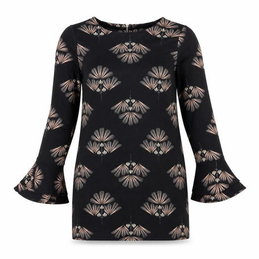 Front view of Next Women’s Black Geometric Shift Dress, size UK 12, Long Sleeve