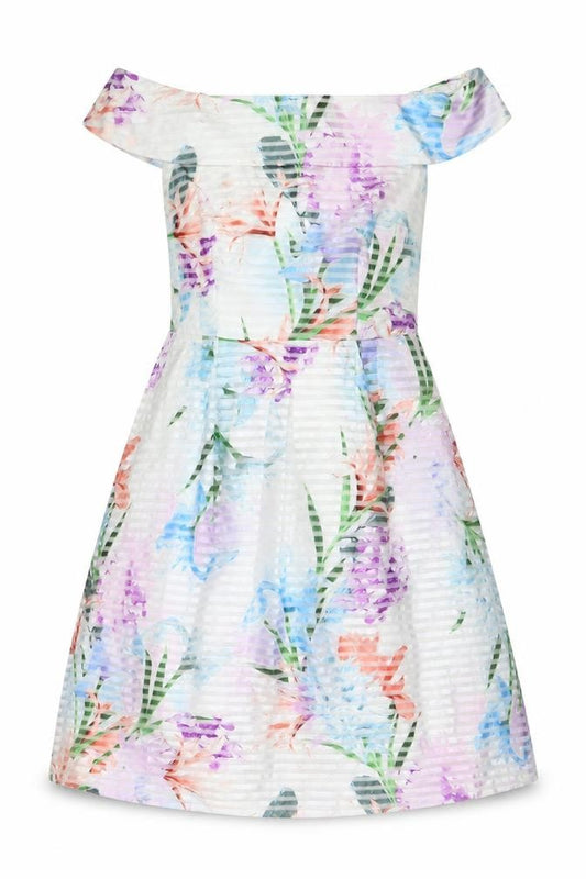 Front view of Dorothy Perkins Women's Multicoloured Floral Off Shoulder Knee Length A-Line Dress, size 12