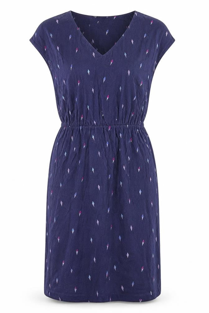 Front view of Hobbs Women Blue Geometric V-Neck Shift Dress, size S