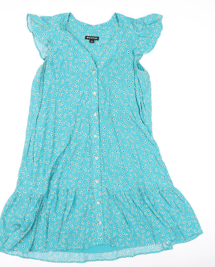 Whistles Women's Blue Floral A-Line Short Sleeve Knee Length Dress Size 6