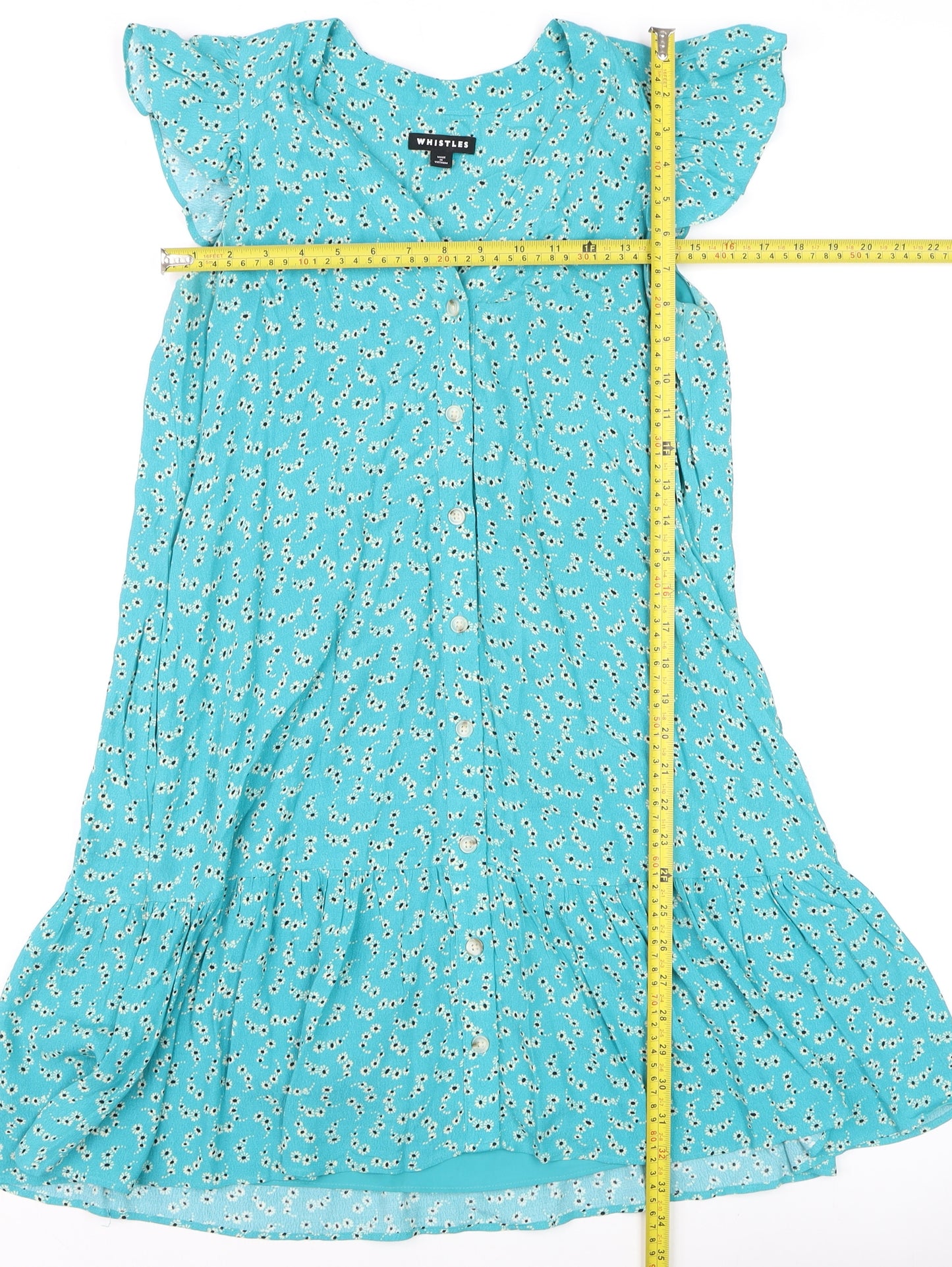 Whistles Women's Blue Floral A-Line Short Sleeve Knee Length Dress Size 6