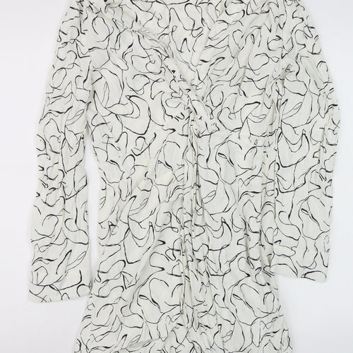 Topshop Women White Abstract Wrap Dress Size 18 Long Sleeve
