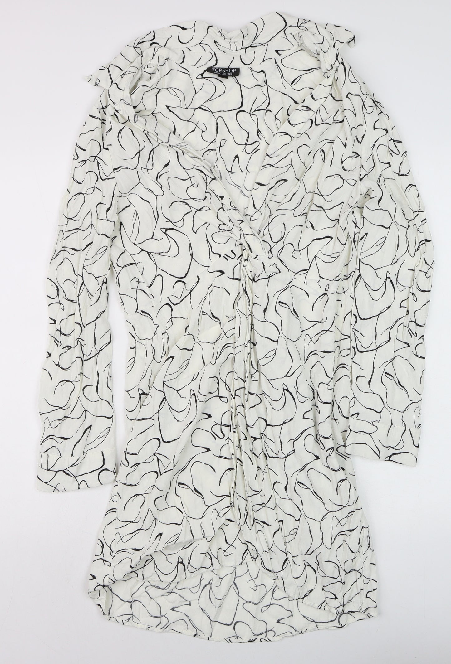 Topshop Women White Abstract Wrap Dress Size 18 Long Sleeve