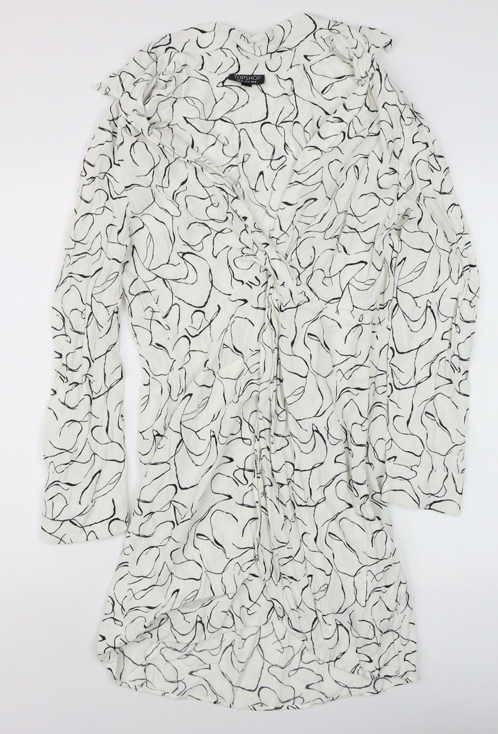 Topshop Women White Abstract Wrap Dress Size 18 Long Sleeve
