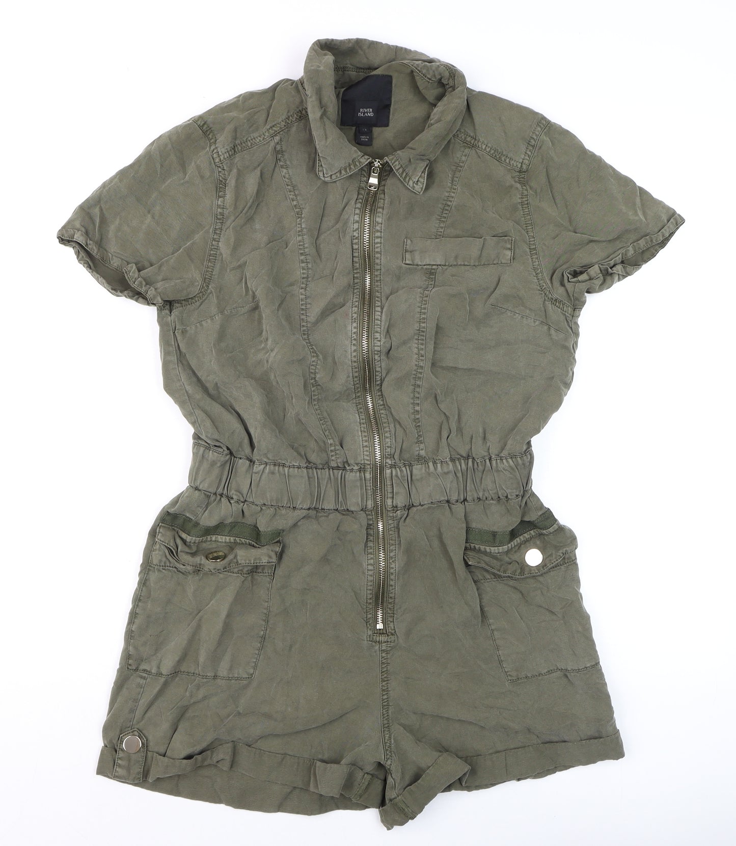 River Island Women's Khaki Green Short Sleeve Zip Front Playsuit Size 12