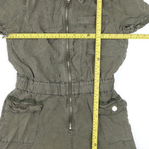 River Island Women's Khaki Green Short Sleeve Zip Front Playsuit Size 12