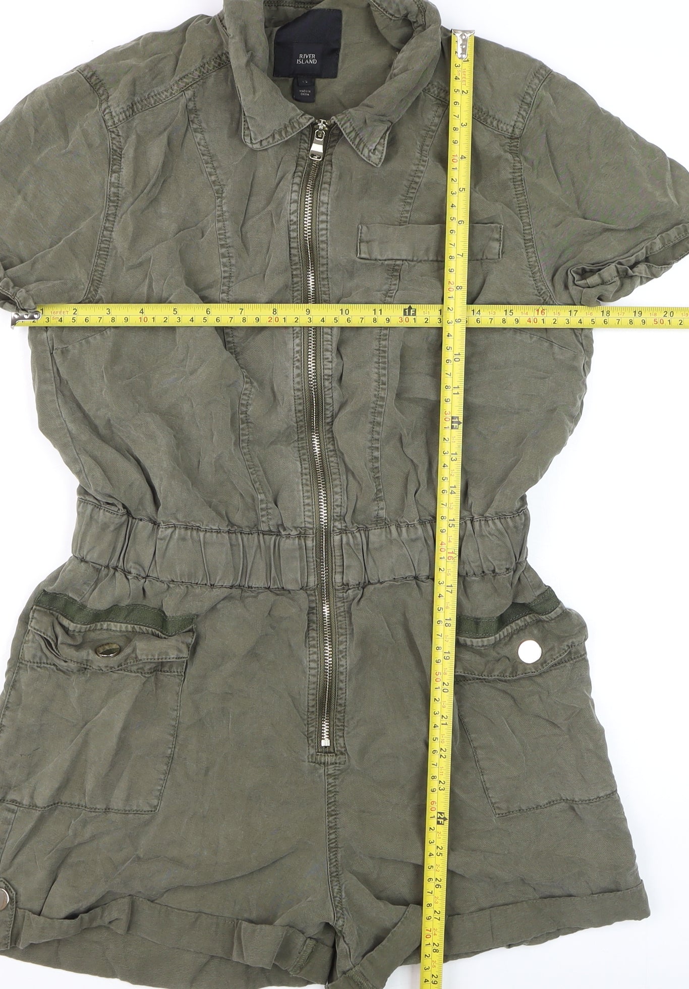 River Island Women's Khaki Green Short Sleeve Zip Front Playsuit Size 12