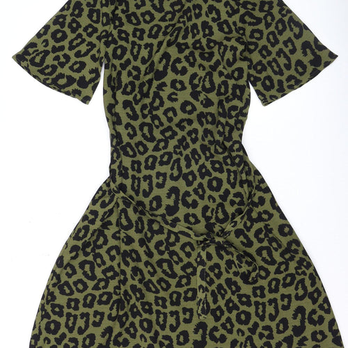 Jacqueline de Yong Women's Green Leopard Print A-Line Knee Length Dress Size 8
