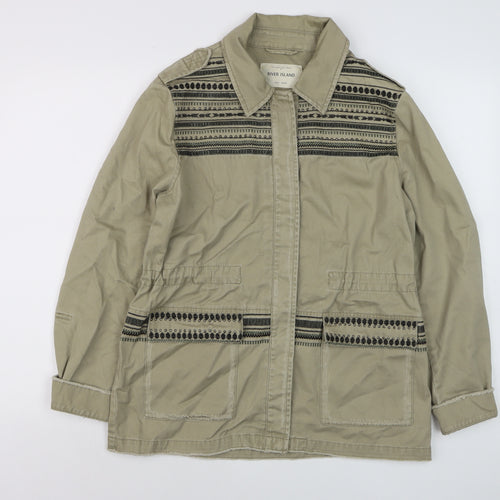 River Island Womens Beige Military Jacket Size 12 Cotton Embroidered