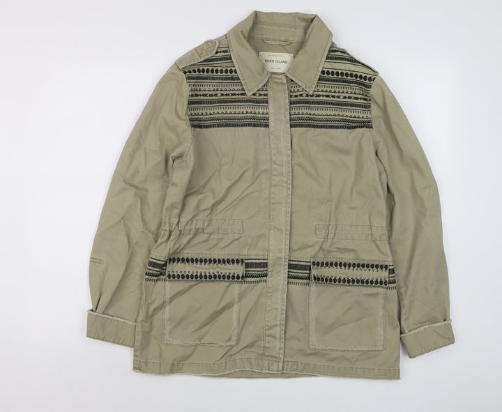 River Island Womens Beige Military Jacket Size 12 Cotton Embroidered