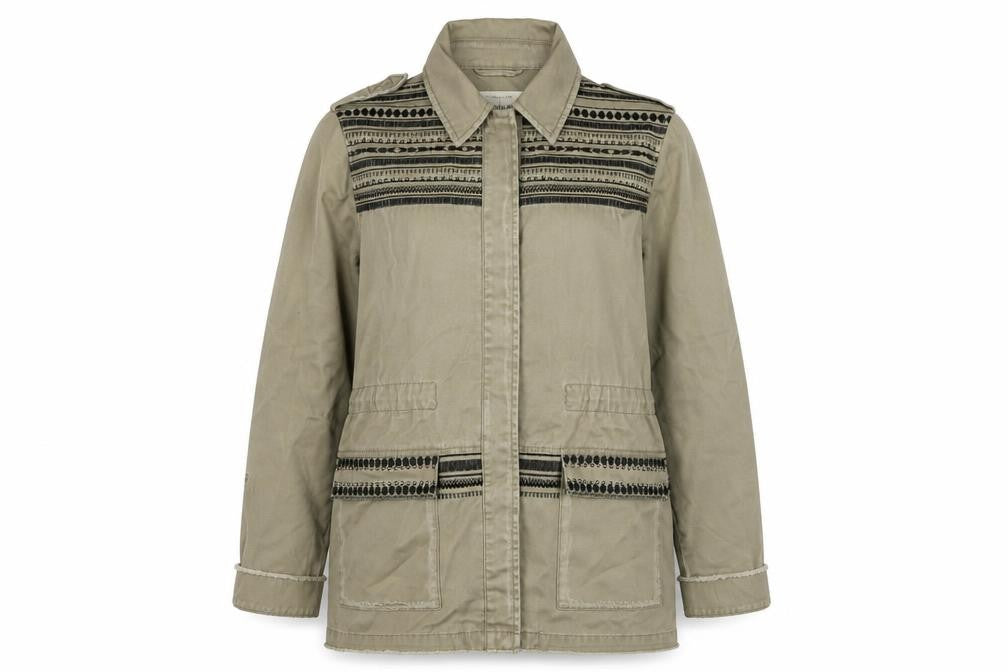 Front view of River Island women’s beige military jacket, size UK 12, cotton embroidered