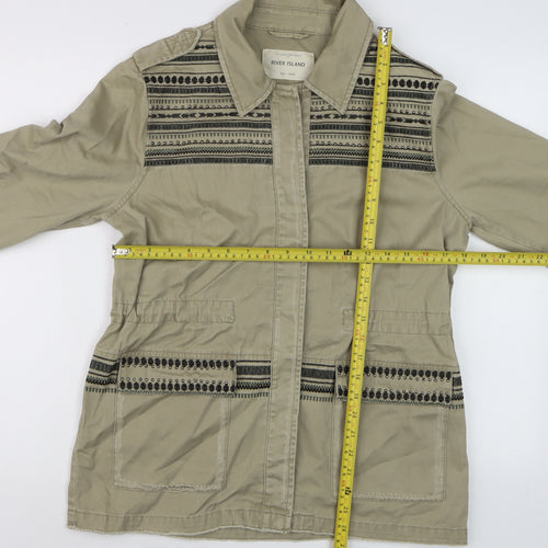 River Island Womens Beige Military Jacket Size 12 Cotton Embroidered