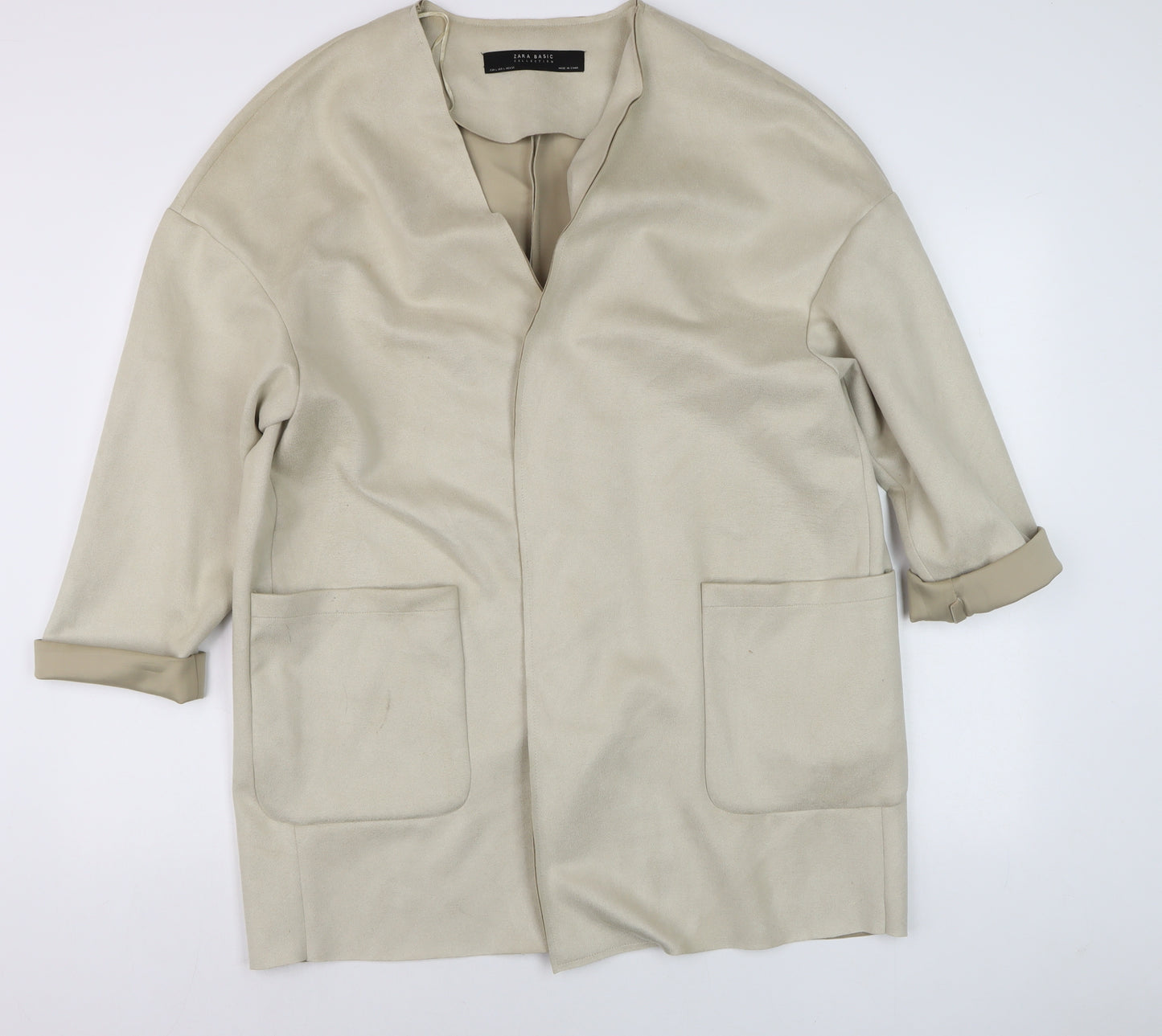 Zara Women Beige Relaxed Fit Open Front Coatigan Size 16
