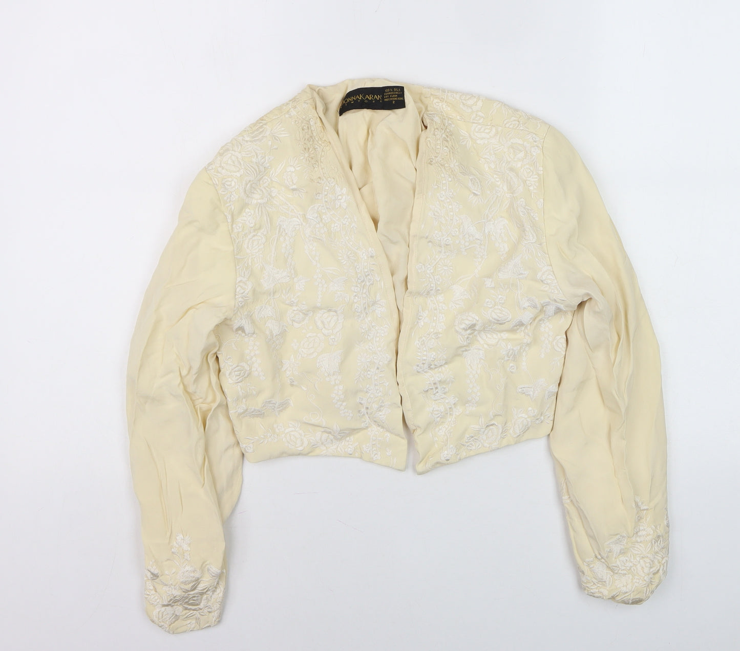 Donna Karan Women’s Ivory Silk Embroidered Cropped Blazer Jacket Size 2