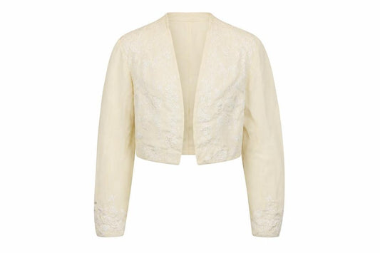 Front view of DKNY Women’s Ivory Silk Embroidered Cropped Blazer Jacket, size UK 2