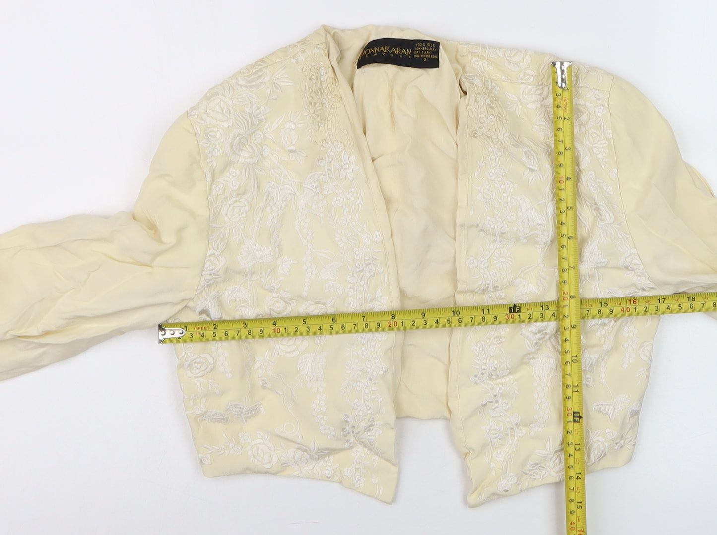 Donna Karan Women’s Ivory Silk Embroidered Cropped Blazer Jacket Size 2
