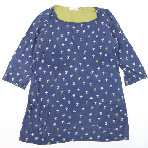Lily & Me Women's Blue Floral Tunic Blouse Size 12 3/4 Sleeve Cotton