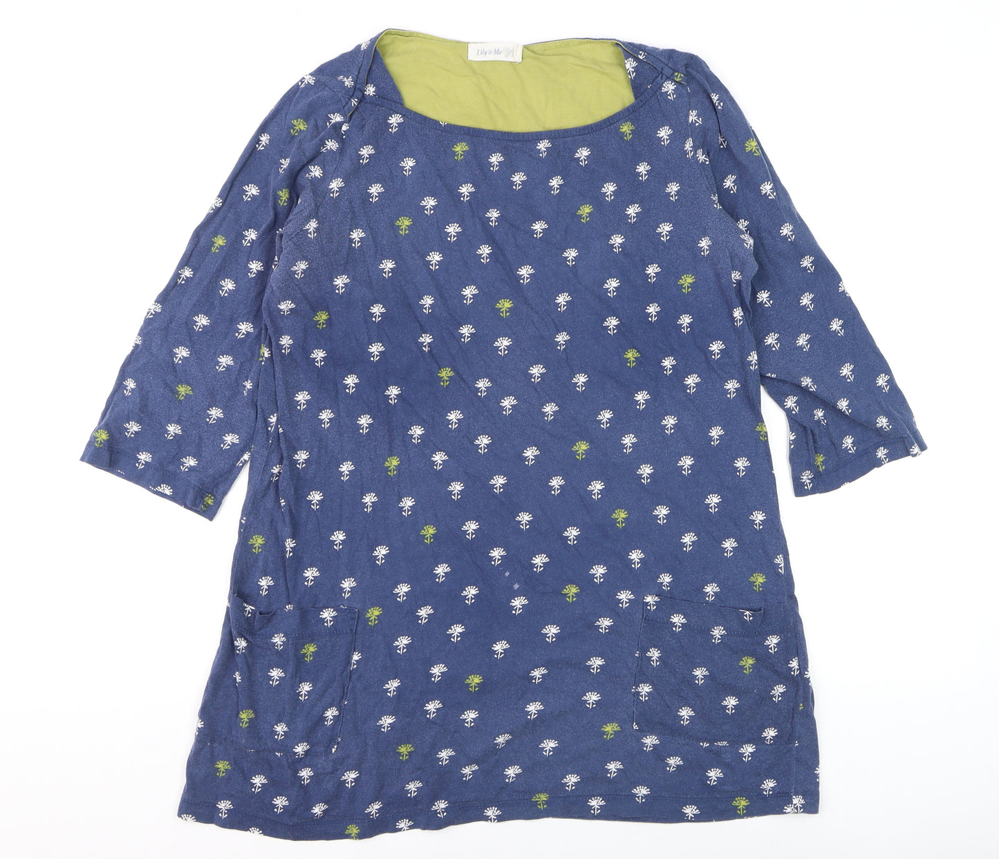 Lily & Me Women's Blue Floral Tunic Blouse Size 12 3/4 Sleeve Cotton
