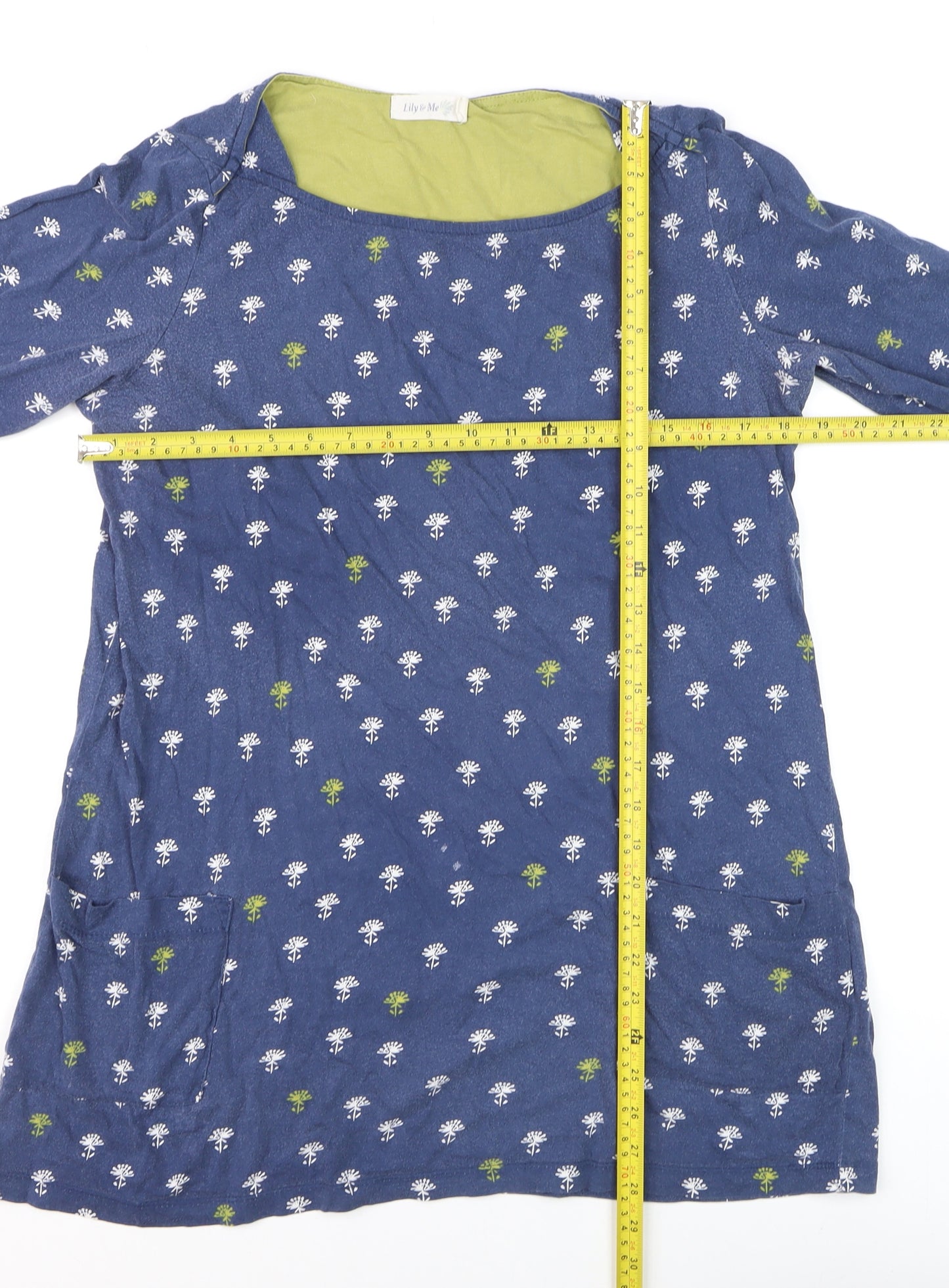 Lily & Me Women's Blue Floral Tunic Blouse Size 12 3/4 Sleeve Cotton