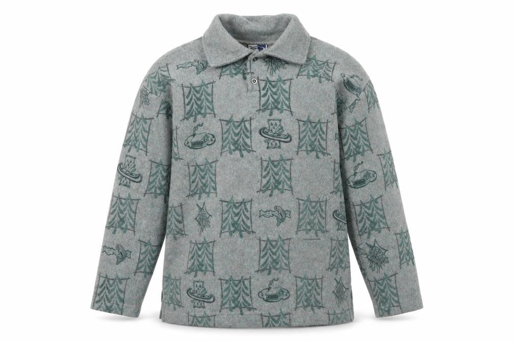 Front view of AUG boys’ grey graphic collared jumper, size M, - acrylic blend