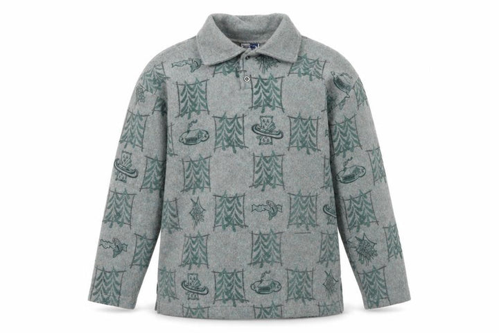 Front view of AUG boys’ grey graphic collared jumper, size M, - acrylic blend