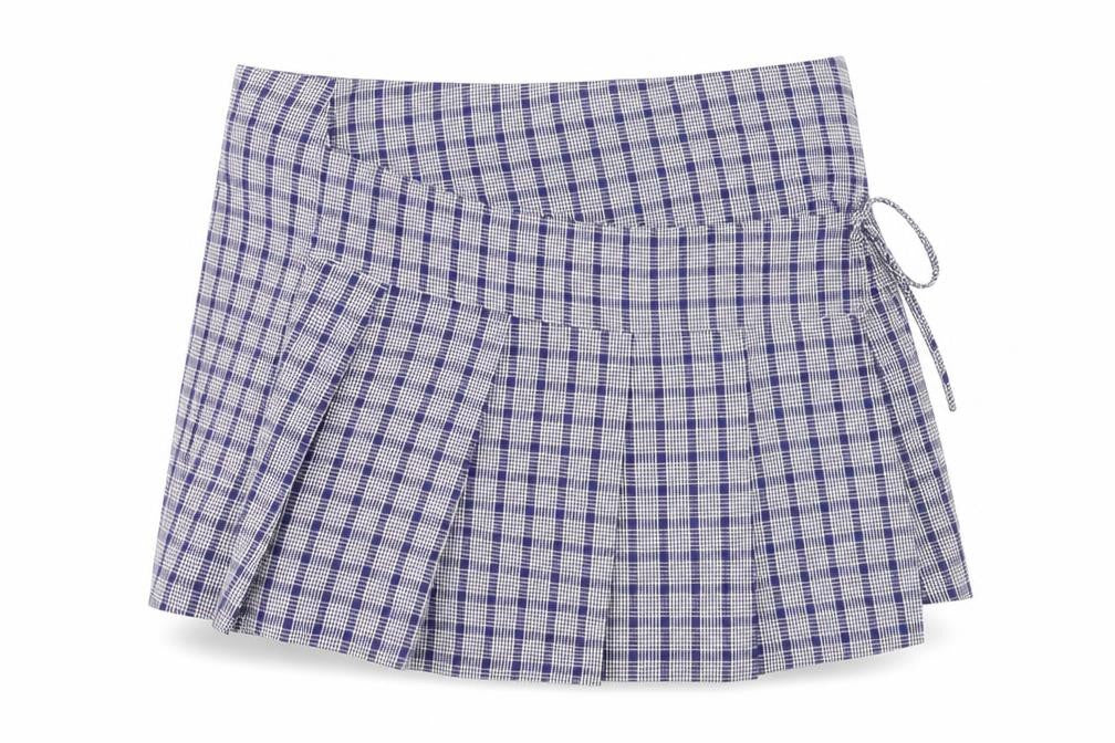 Front view of Collusion women’s blue check pleated wrap skirt, size UK 10