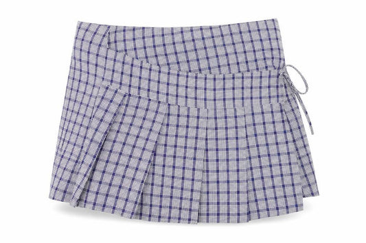 Front view of Collusion women’s blue check pleated wrap skirt, size UK 10
