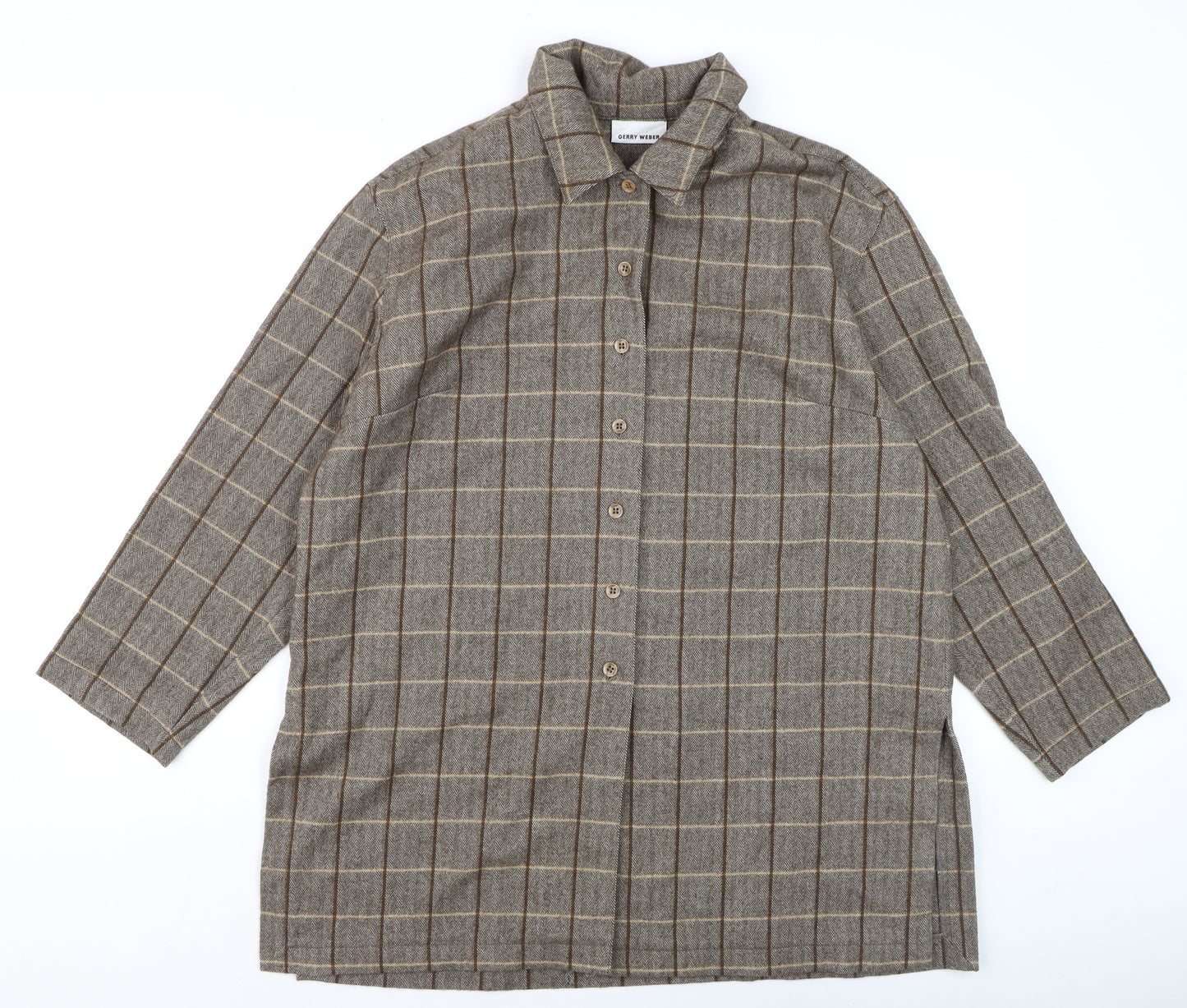 Gerry Weber Women's Brown Check Wool Angora 3/4 Sleeve Button-Up Shirt Size 12
