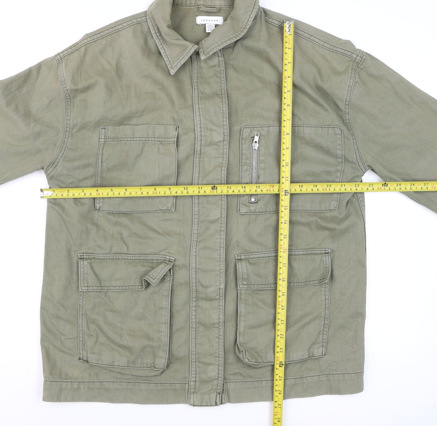 Topshop Men’s Green Military Jacket M 40in Cotton Twill Full Zip Casual