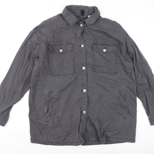 H&M Men’s Grey Cotton Button-Up Shirt Long Sleeve M Regular Fit