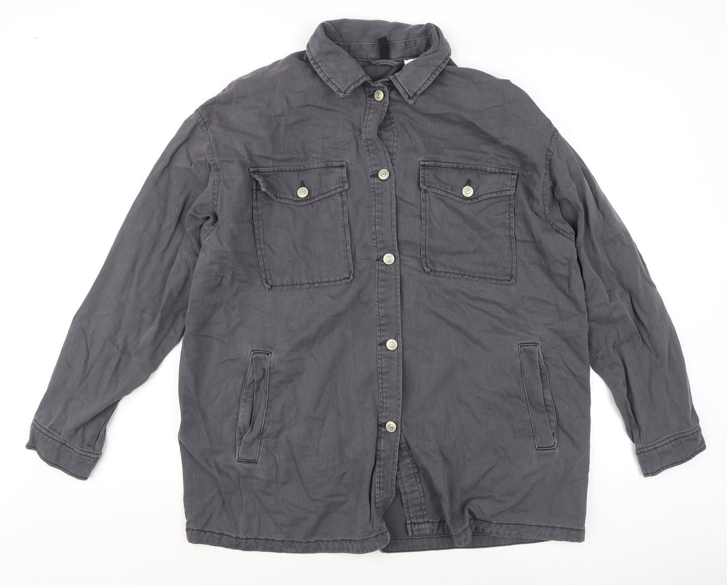 H&M Men’s Grey Cotton Button-Up Shirt Long Sleeve M Regular Fit