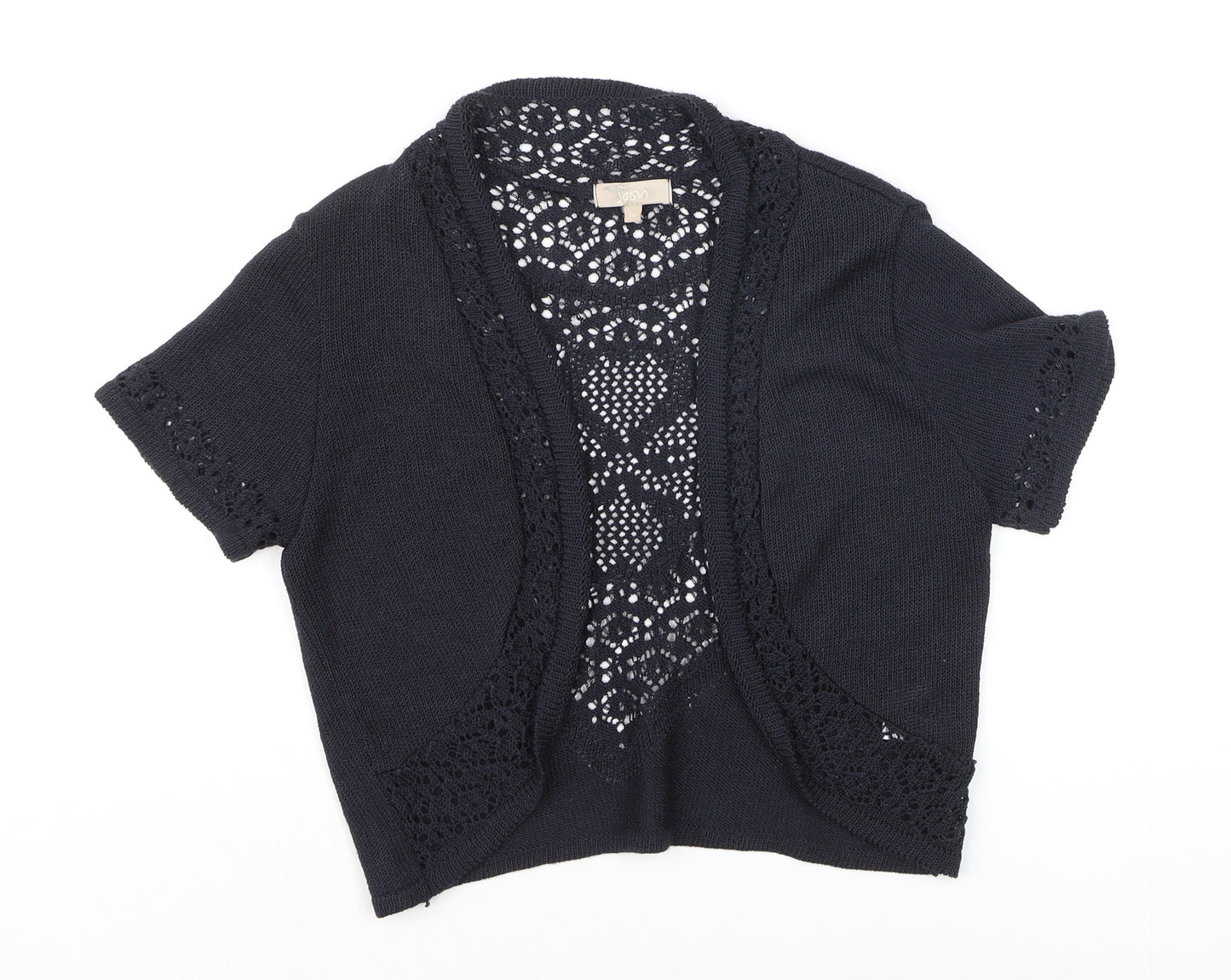 Joan Womens Black Crochet Knit Open Short Sleeve Cardigan Size 10