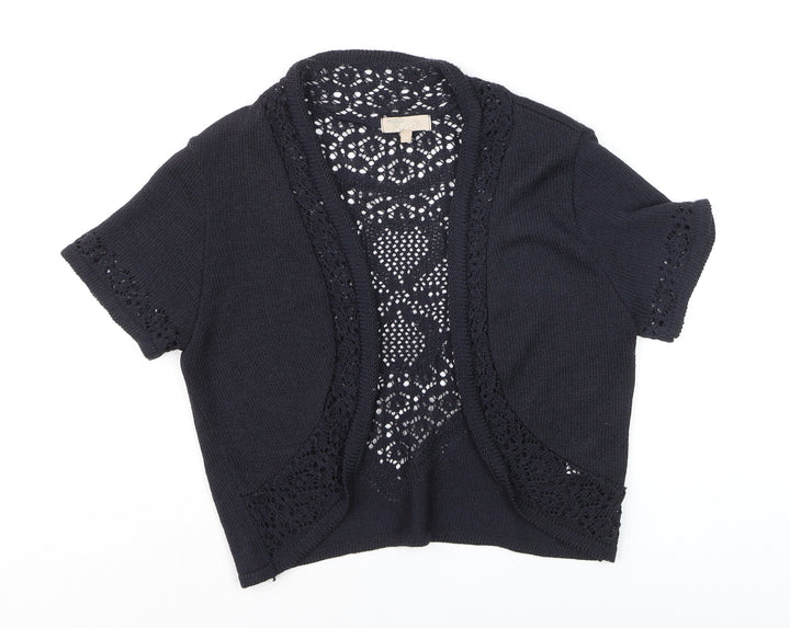 Joan Womens Black Crochet Knit Open Short Sleeve Cardigan Size 10