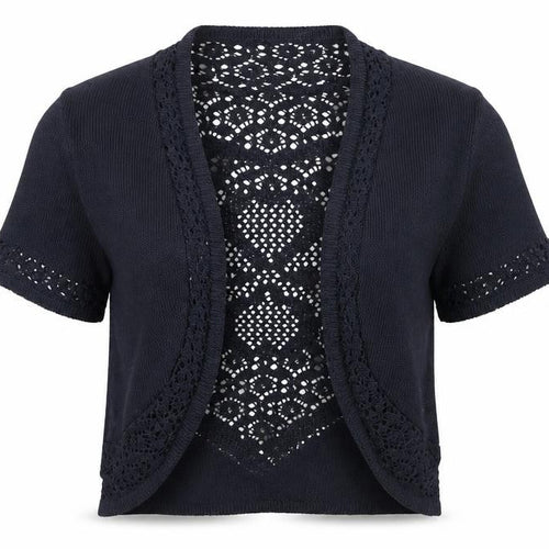 Joan Womens Black Crochet Knit Open Short Sleeve Cardigan Size 10