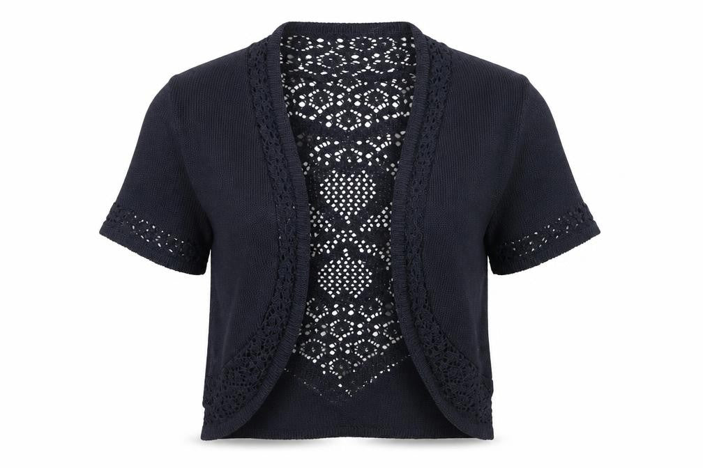 Joan Womens Black Crochet Knit Open Short Sleeve Cardigan Size 10