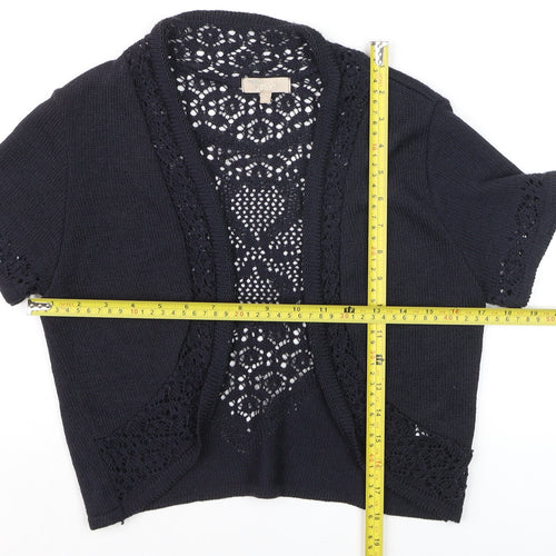 Joan Womens Black Crochet Knit Open Short Sleeve Cardigan Size 10
