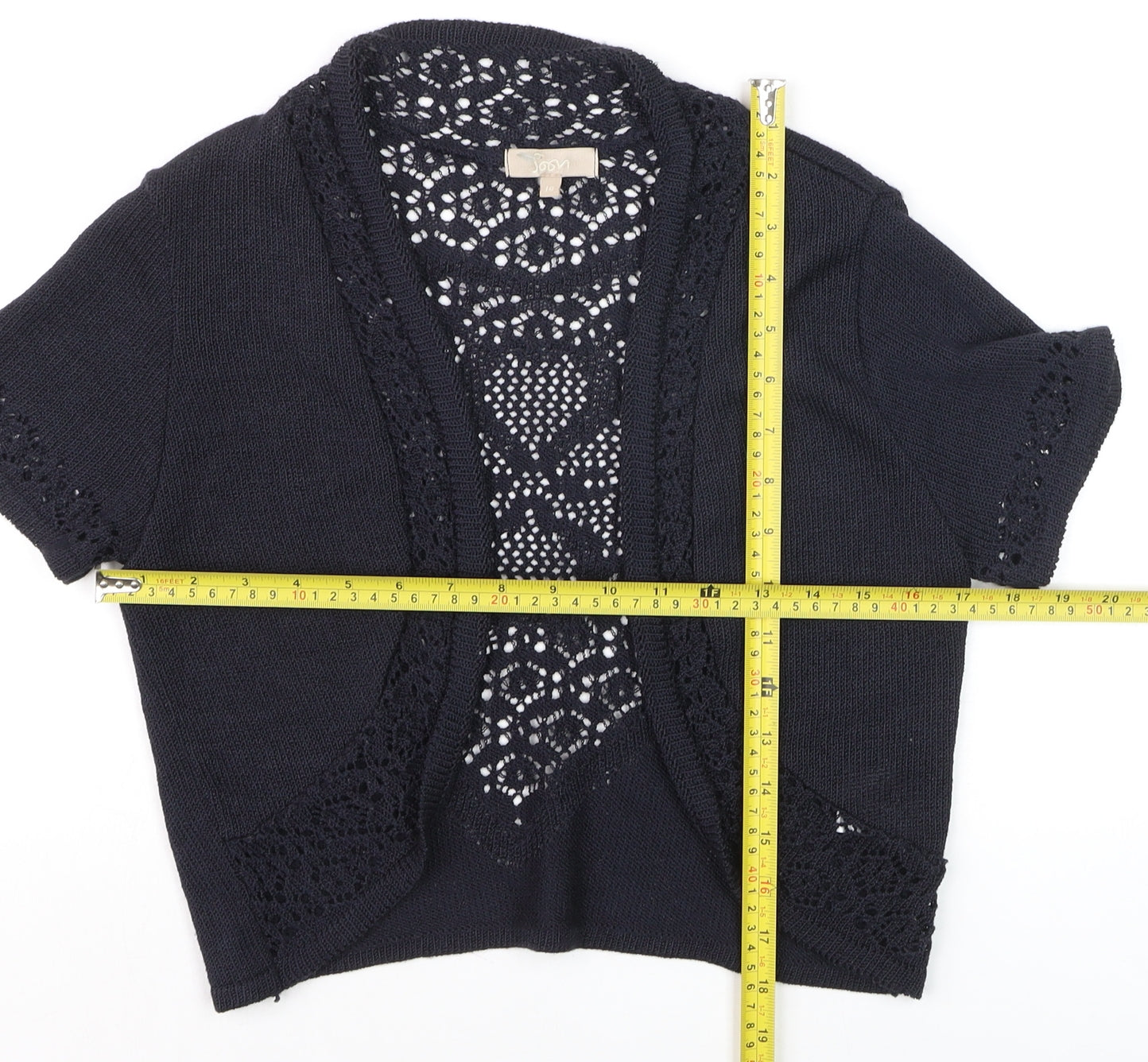 Joan Womens Black Crochet Knit Open Short Sleeve Cardigan Size 10