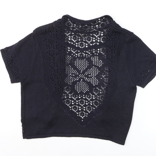 Joan Womens Black Crochet Knit Open Short Sleeve Cardigan Size 10