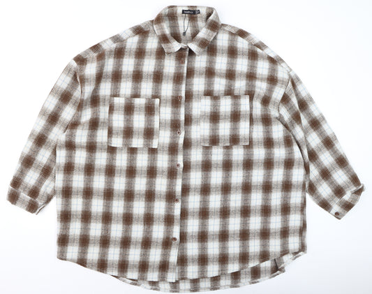Boohoo Women's Brown Check Flannel Long Sleeve Button-Up Shirt Size 16