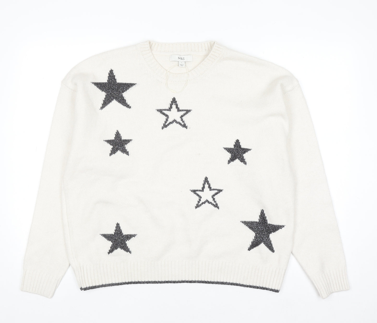 Marks and Spencer Women Ivory Star Knit Jumper Size L Crew Neck