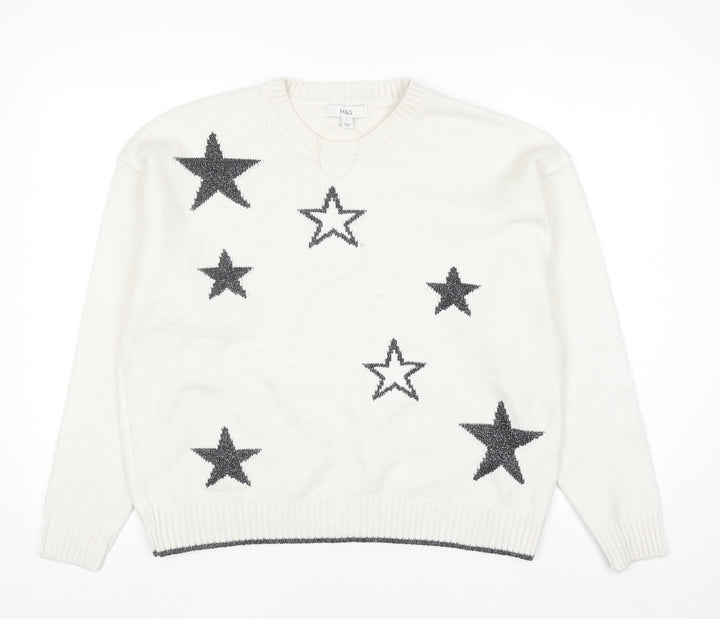 Marks and Spencer Women Ivory Star Knit Jumper Size L Crew Neck