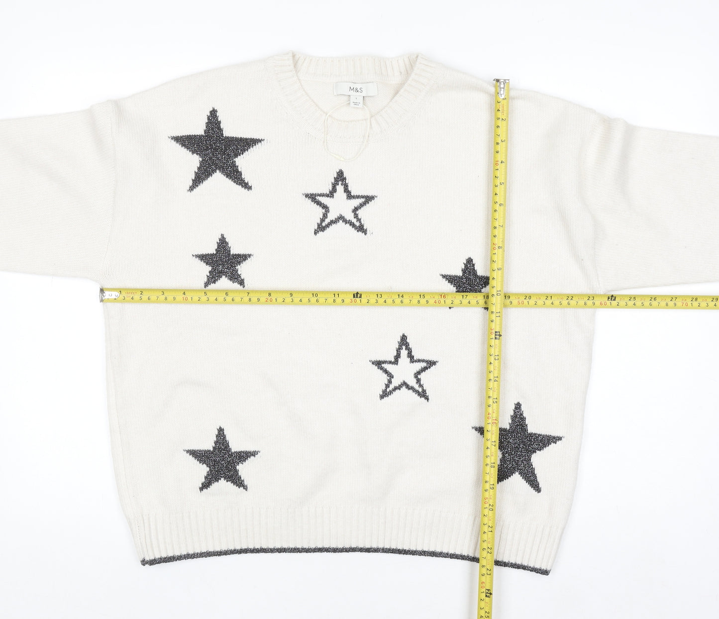 Marks and Spencer Women Ivory Star Knit Jumper Size L Crew Neck