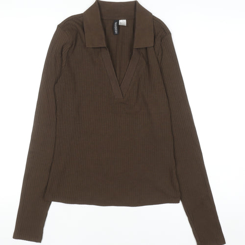 H&M Divided Women’s Brown Ribbed Collared Long Sleeve Top Size L