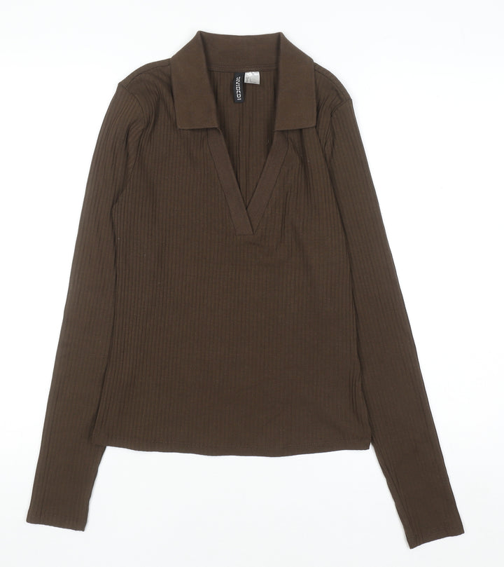 H&M Divided Women’s Brown Ribbed Collared Long Sleeve Top Size L