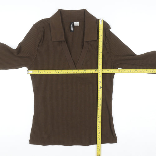 H&M Divided Women’s Brown Ribbed Collared Long Sleeve Top Size L